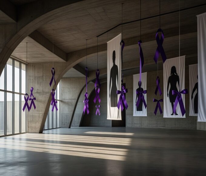 Auditório em Brasília com banners contra feminicídio no DF, estilo fotojornalístico.