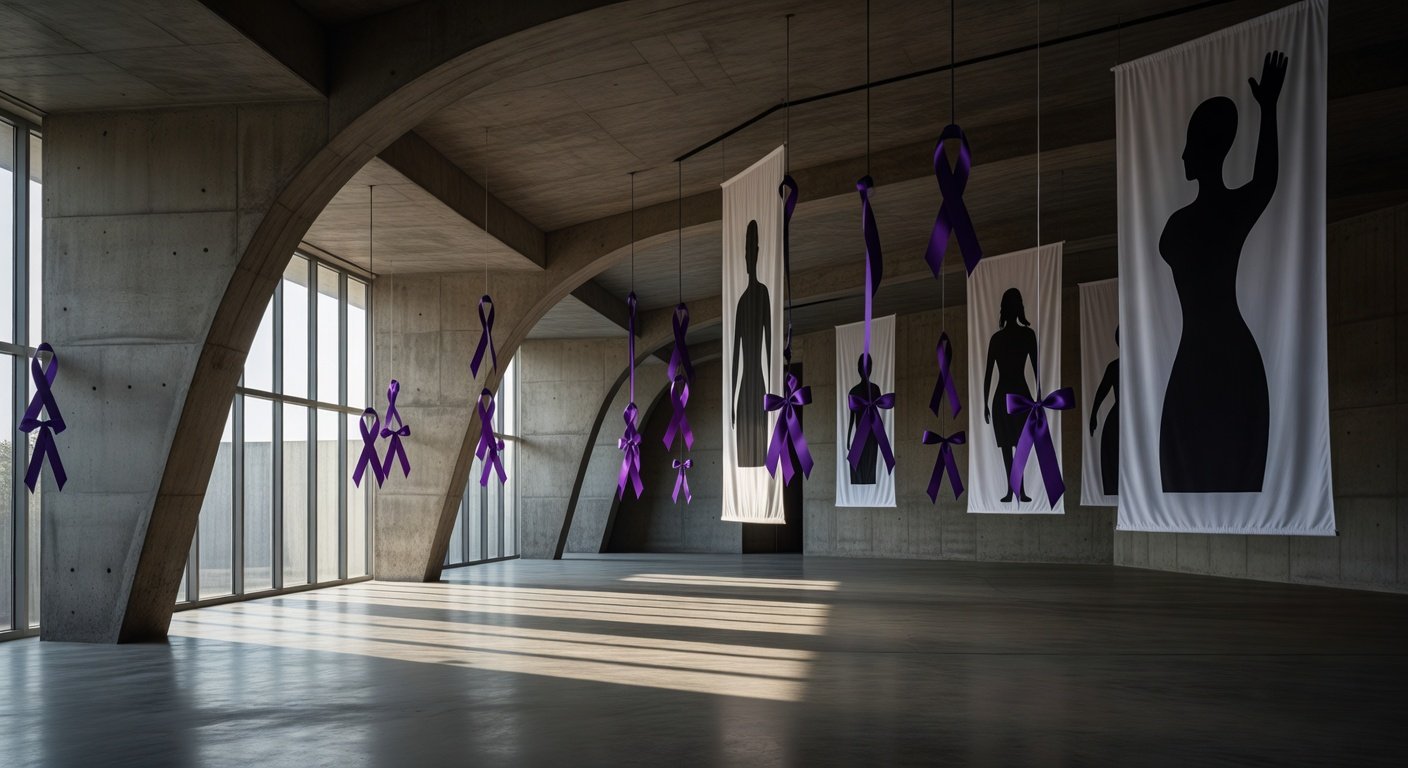 Auditório em Brasília com banners contra feminicídio no DF, estilo fotojornalístico.