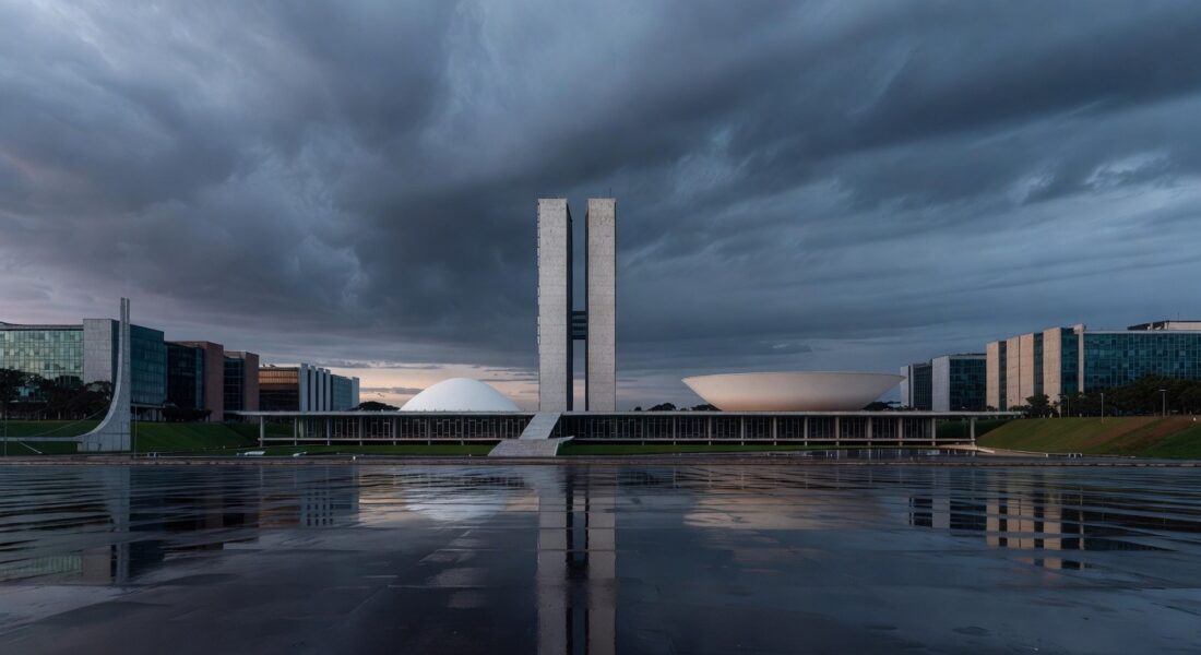 Fachada da sede da Caesb em Brasília com bandeira a meio mastro, representando luto pela morte de advogado Marcelo Reis.