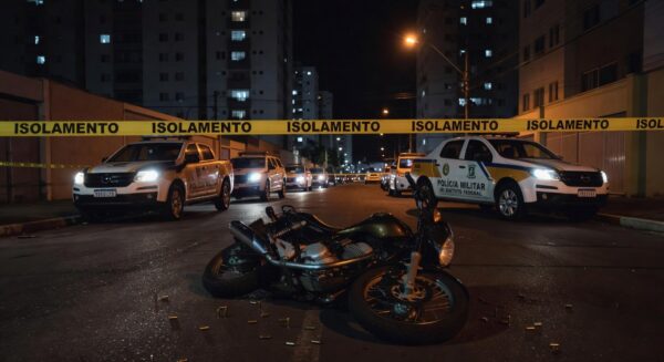 Cena de crime em rua de Taguatinga, DF, com fita de isolamento, motocicleta abandonada e marcas de tiros no asfalto.