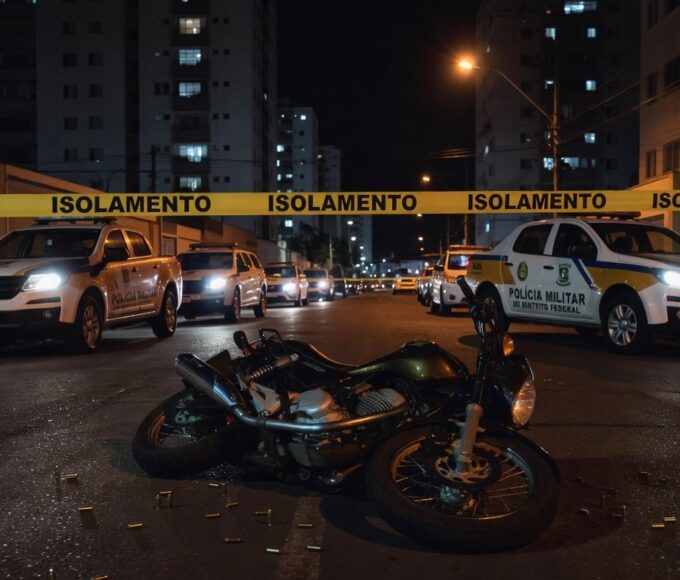 Cena de crime em rua de Taguatinga, DF, com fita de isolamento, motocicleta abandonada e marcas de tiros no asfalto.