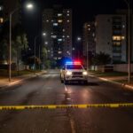 Rua em Águas Claras com viatura da Polícia Militar e fita de isolamento após tentativa de assalto e homicídio.