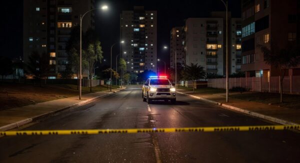 Rua em Águas Claras com viatura da Polícia Militar e fita de isolamento após tentativa de assalto e homicídio.