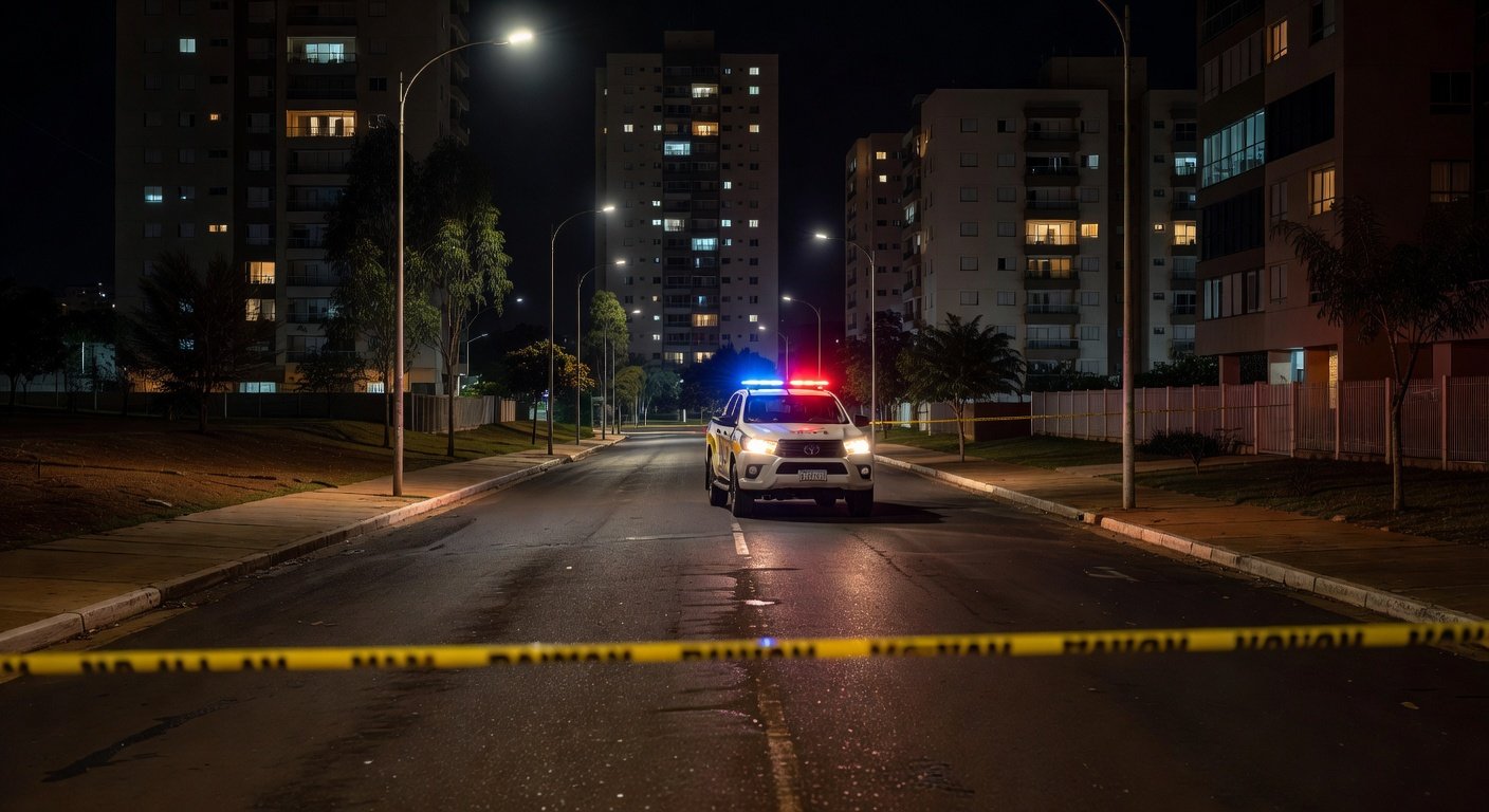 Rua em Águas Claras com viatura da Polícia Militar e fita de isolamento após tentativa de assalto e homicídio.