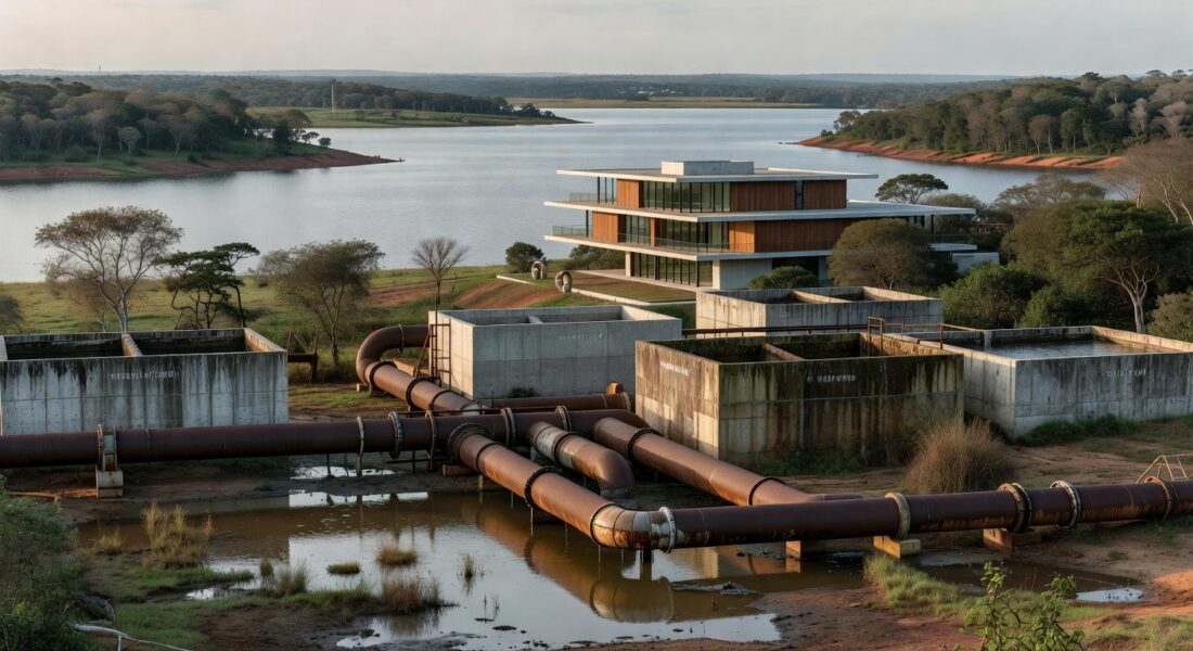 Reservatório hídrico no DF com tubulações novas e antigas deterioradas, destacando falhas em investimentos.