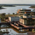 Reservatório hídrico no DF com tubulações novas e antigas deterioradas, destacando falhas em investimentos.