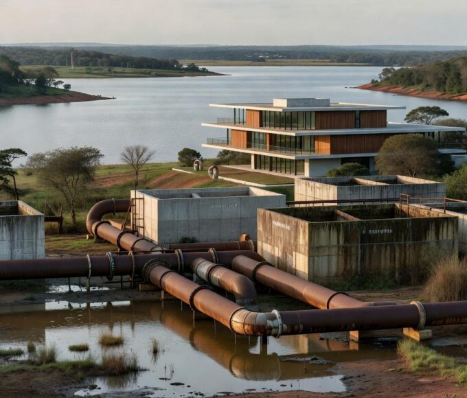 Reservatório hídrico no DF com tubulações novas e antigas deterioradas, destacando falhas em investimentos.