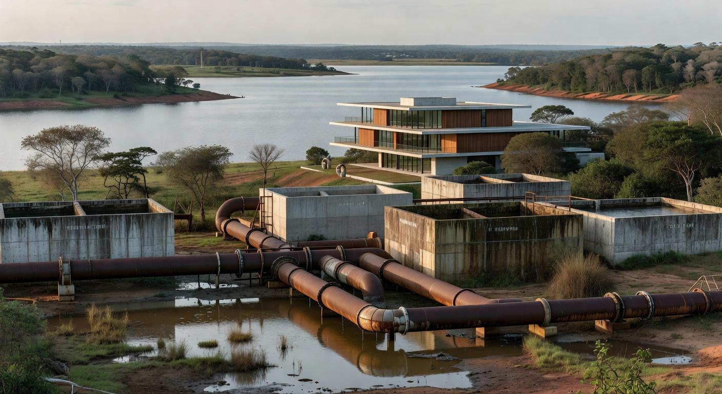 Reservatório hídrico no DF com tubulações novas e antigas deterioradas, destacando falhas em investimentos.