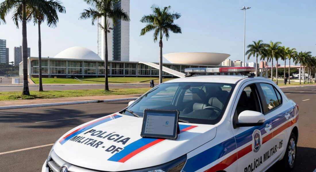 Viatura da PMDF com tablet exibindo app Nexus para relatórios policiais em Brasília.