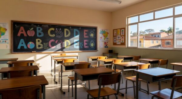 Sala de aula em escola de Sobradinho com materiais de alfabetização para Jornada Pedagógica.