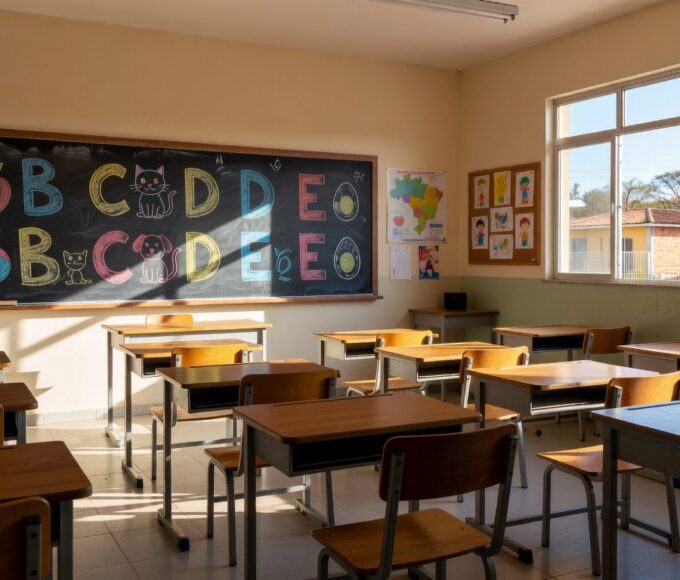 Sala de aula em escola de Sobradinho com materiais de alfabetização para Jornada Pedagógica.