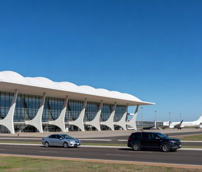 Vista do Aeroporto de Brasília com terminal moderno e aviões no pátio, ilustrando priorização de leilão governamental.