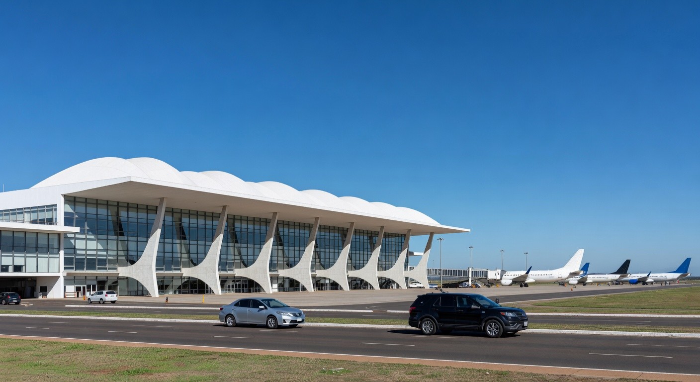 Vista do Aeroporto de Brasília com terminal moderno e aviões no pátio, ilustrando priorização de leilão governamental.