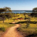 Paisagem da Serrinha do Paranoá transformada em parque ambiental em Brasília, com vegetação do Cerrado e vista para o Lago Paranoá.