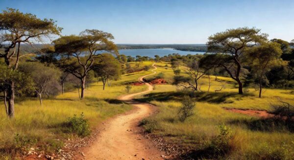 Paisagem da Serrinha do Paranoá transformada em parque ambiental em Brasília, com vegetação do Cerrado e vista para o Lago Paranoá.