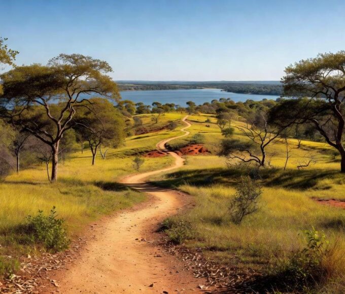 Paisagem da Serrinha do Paranoá transformada em parque ambiental em Brasília, com vegetação do Cerrado e vista para o Lago Paranoá.
