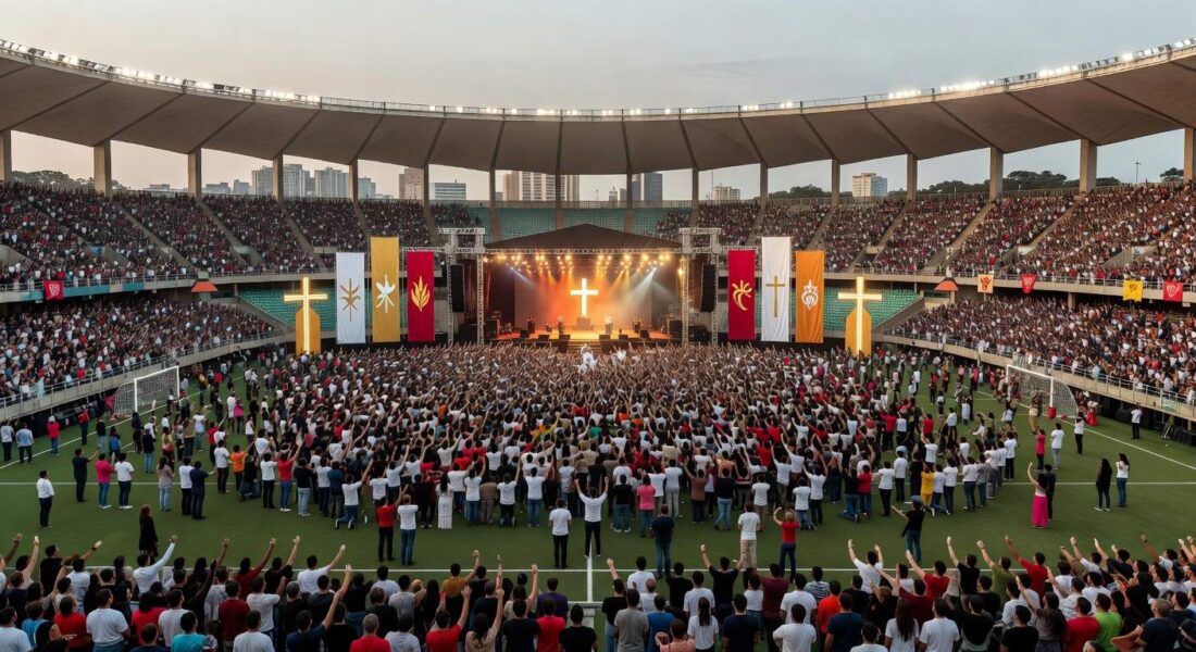Vista ampla da Arena BRB lotada em evento evangélico com 70 mil fiéis em Brasília.