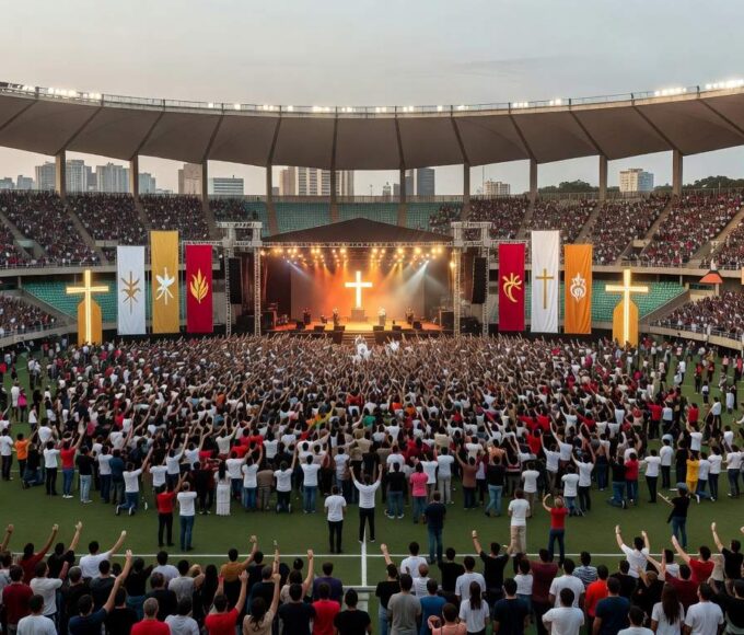 Vista ampla da Arena BRB lotada em evento evangélico com 70 mil fiéis em Brasília.