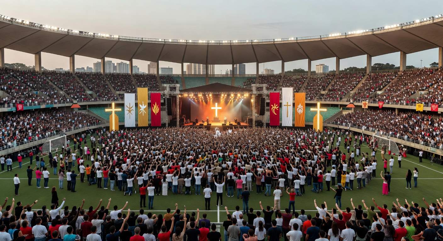 Vista ampla da Arena BRB lotada em evento evangélico com 70 mil fiéis em Brasília.