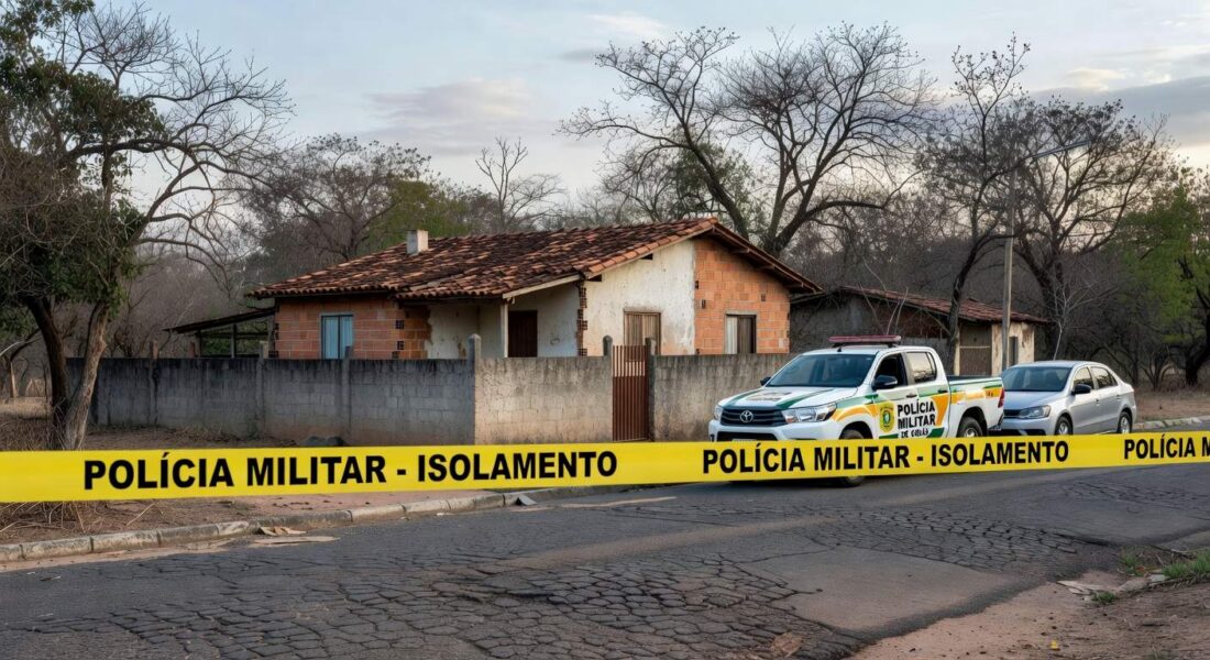 Casa isolada por fita policial em Águas Lindas de Goiás, cena de tragédia familiar com viatura da PM ao fundo.