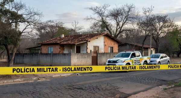 Casa isolada por fita policial em Águas Lindas de Goiás, cena de tragédia familiar com viatura da PM ao fundo.