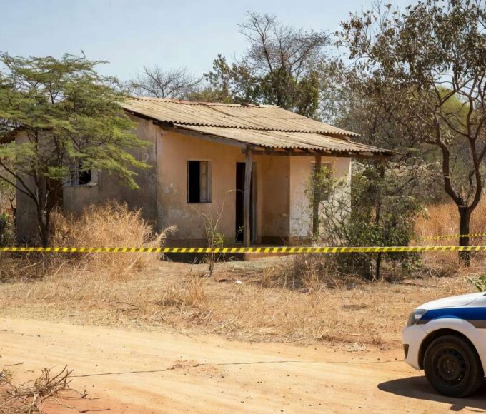 Cena de crime em casa residencial em Águas Lindas, Goiás, com viaturas policiais e fita de isolamento, sem pessoas.