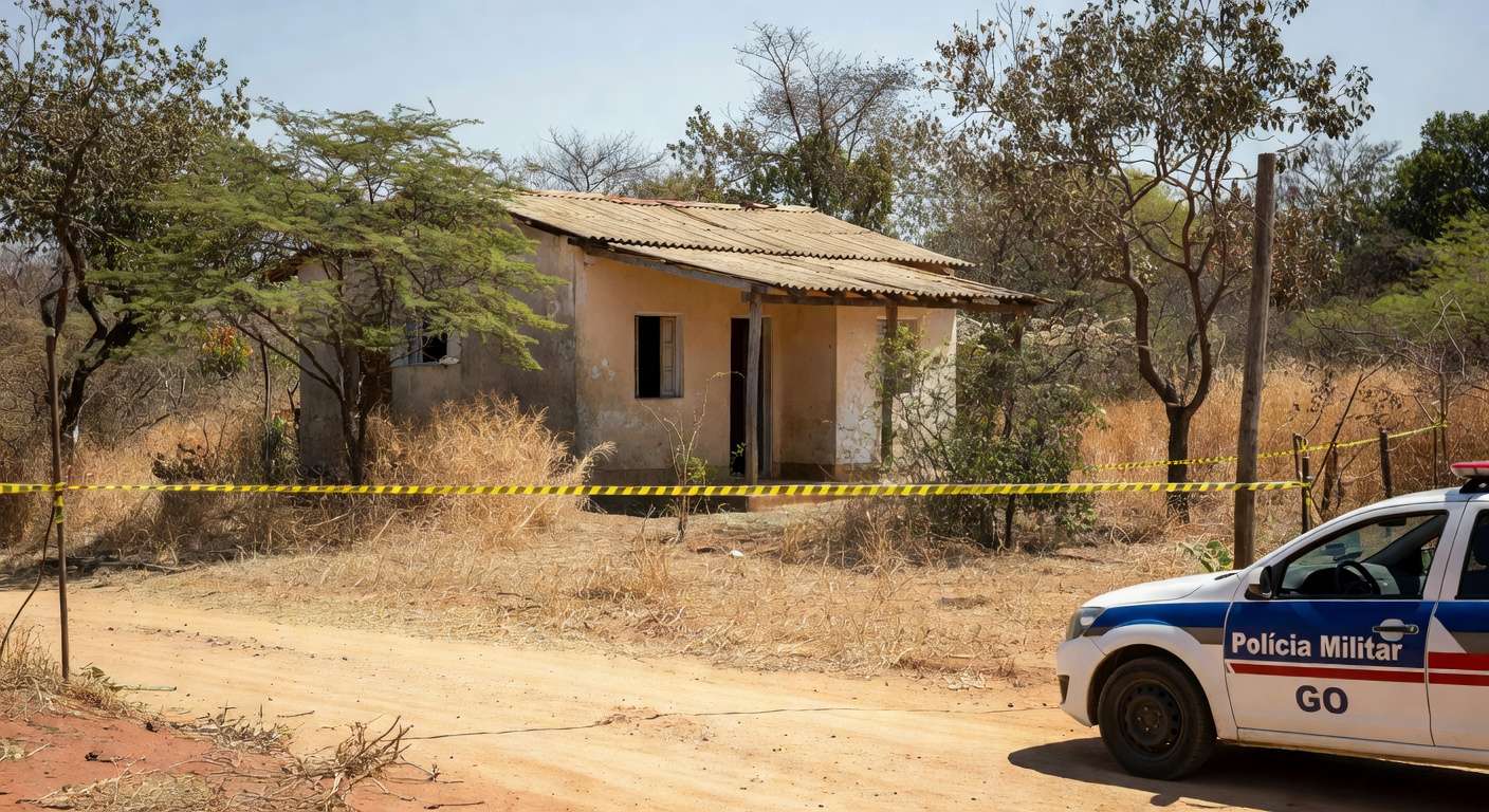 Cena de crime em casa residencial em Águas Lindas, Goiás, com viaturas policiais e fita de isolamento, sem pessoas.