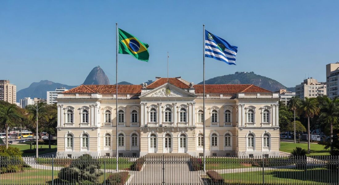 Palácio Guanabara no Rio de Janeiro, representando o governo estadual e eleições diretas.