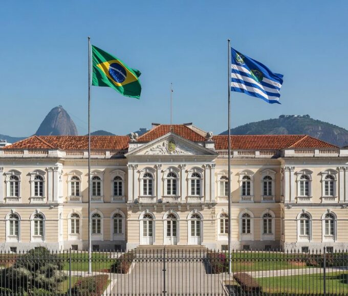 Palácio Guanabara no Rio de Janeiro, representando o governo estadual e eleições diretas.