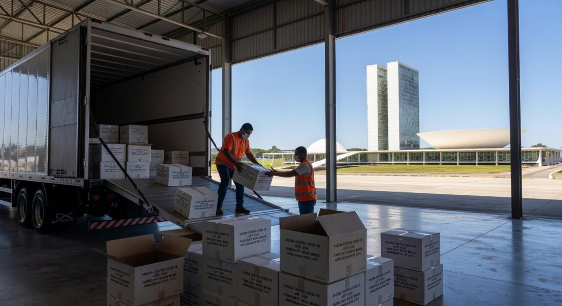 Caixas de vacinas contra Covid-19 chegando ao Distrito Federal do Ministério da Saúde, em estilo fotojornalístico.