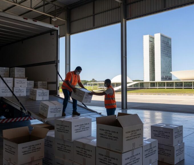 Caixas de vacinas contra Covid-19 chegando ao Distrito Federal do Ministério da Saúde, em estilo fotojornalístico.