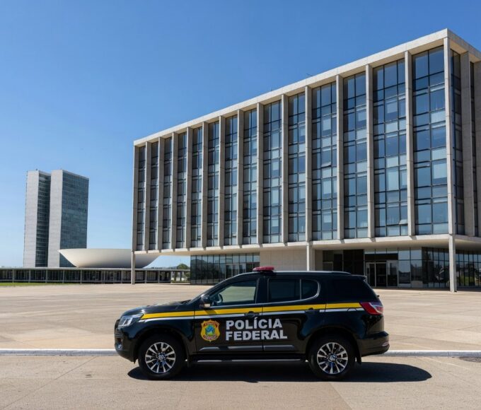 Viaturas da Polícia Federal em operação em frente ao Banco de Brasília, representando prisão de ex-presidente.