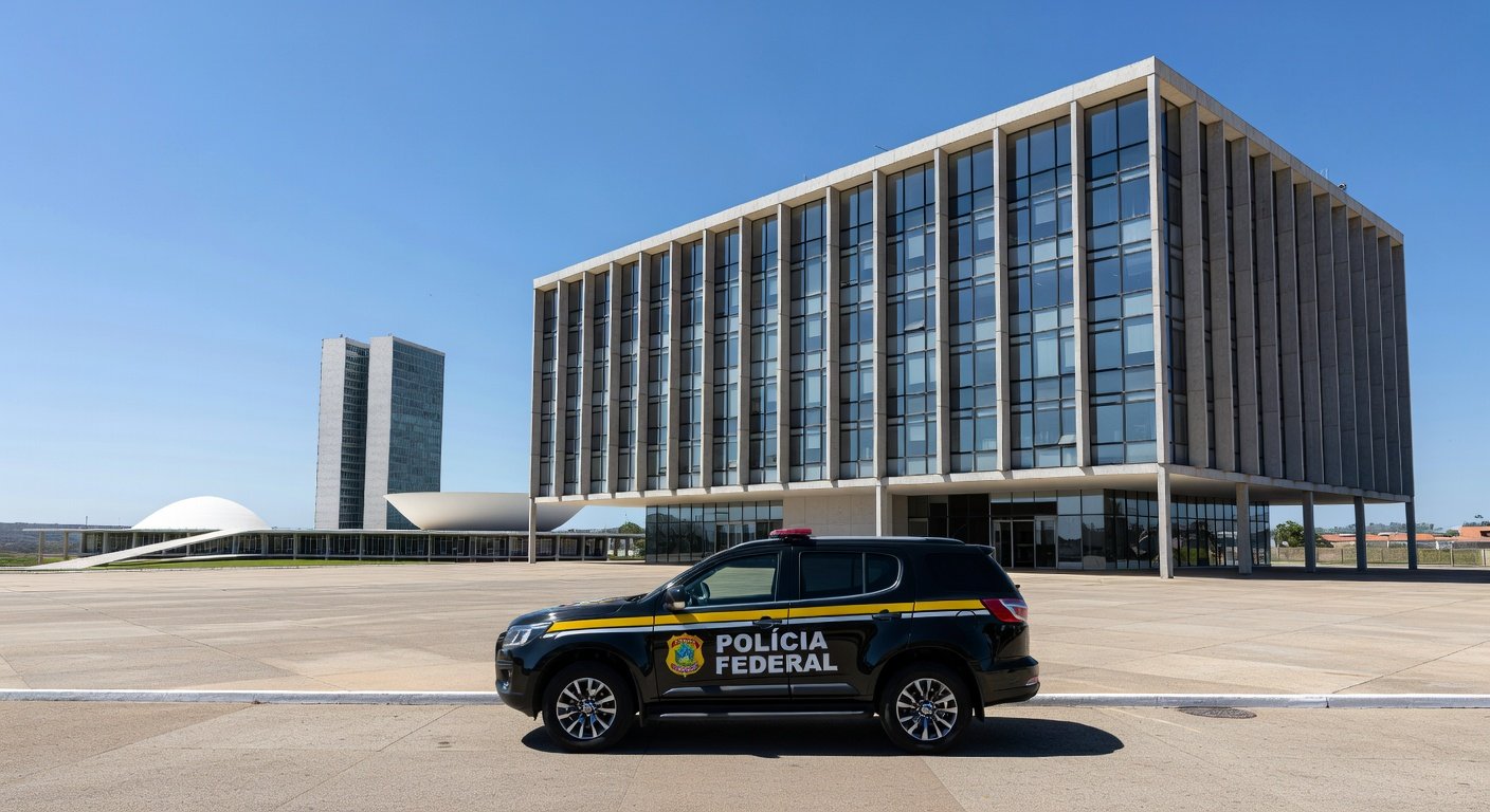 Viaturas da Polícia Federal em operação em frente ao Banco de Brasília, representando prisão de ex-presidente.