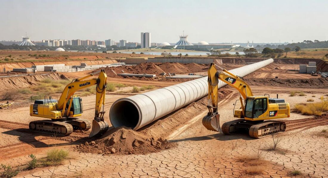 Obras de água no Distrito Federal com tubulações e solo seco, destacando falhas históricas na gestão hídrica.