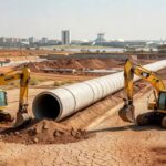 Obras de água no Distrito Federal com tubulações e solo seco, destacando falhas históricas na gestão hídrica.