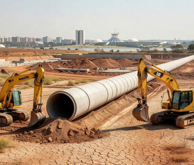Obras de água no Distrito Federal com tubulações e solo seco, destacando falhas históricas na gestão hídrica.