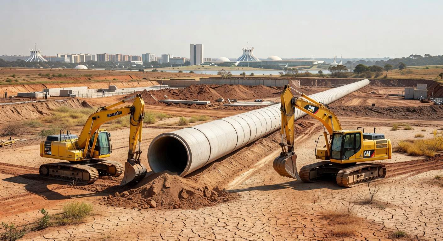Obras de água no Distrito Federal com tubulações e solo seco, destacando falhas históricas na gestão hídrica.
