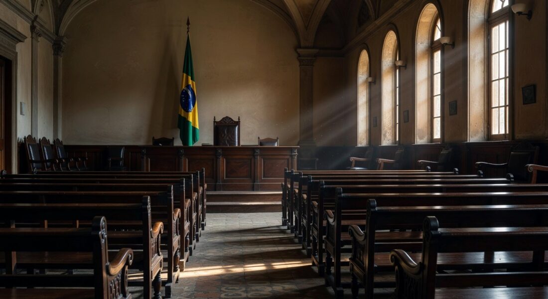 Exterior de delegacia em Planaltina com viaturas policiais, simbolizando interrogatório concluído em chacina de familiares.