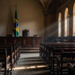 Exterior de delegacia em Planaltina com viaturas policiais, simbolizando interrogatório concluído em chacina de familiares.