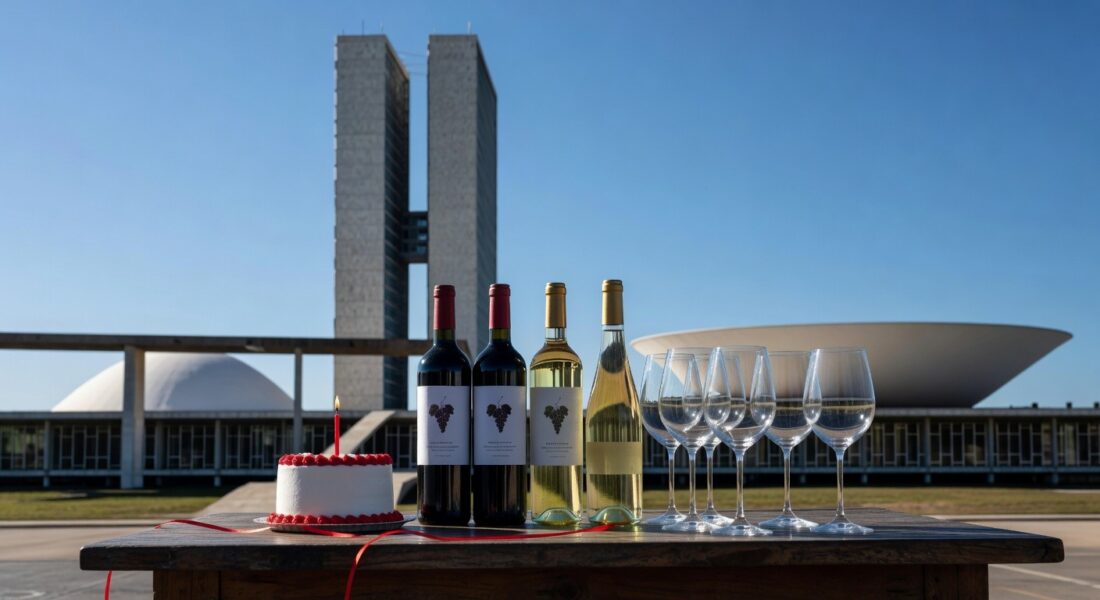 Garrafas de vinho em vinícola de Brasília, celebrando 2 anos com lançamentos e homenagem aos 66 anos da capital.