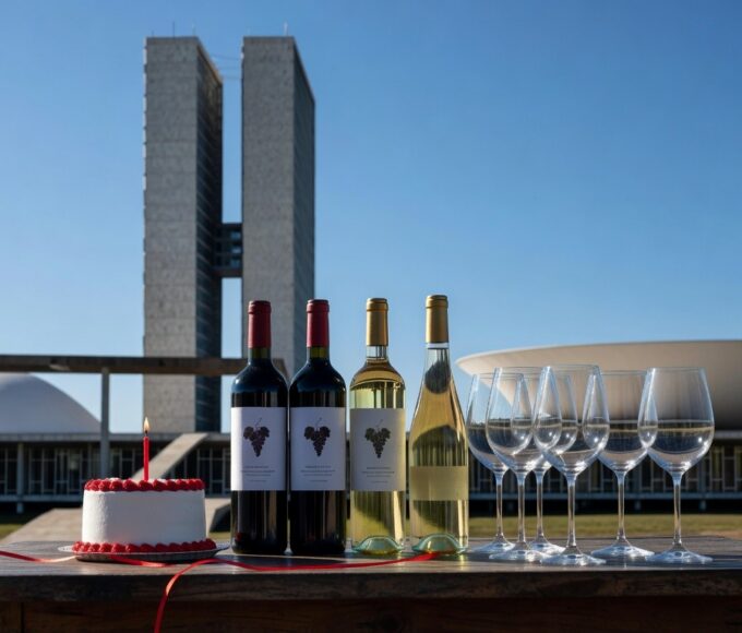 Garrafas de vinho em vinícola de Brasília, celebrando 2 anos com lançamentos e homenagem aos 66 anos da capital.