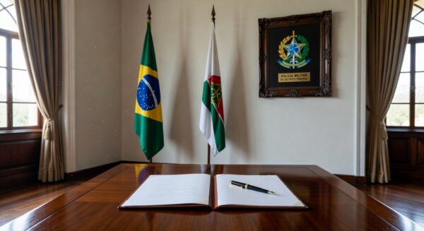 Decreto oficial assinado em salão governamental de Brasília, com bandeiras e insígnias da PMDF, representando promoção de policiais.