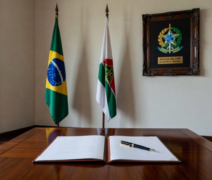 Decreto oficial assinado em salão governamental de Brasília, com bandeiras e insígnias da PMDF, representando promoção de policiais.