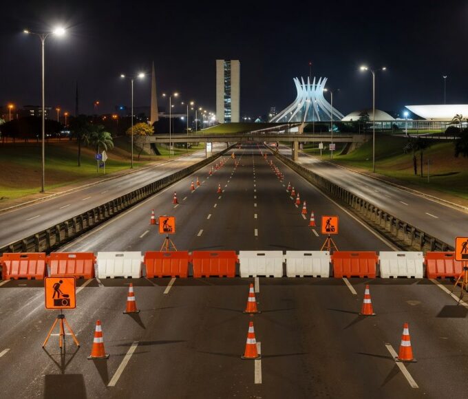 Túnel Buraco do Tatu em Brasília interditado à noite para manutenção de câmeras, com cones e barreiras.