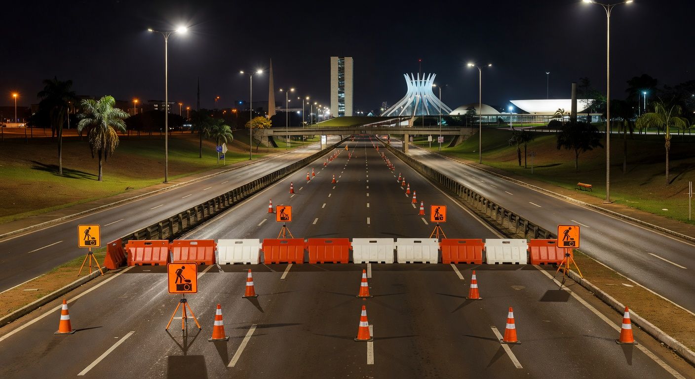 Túnel Buraco do Tatu em Brasília interditado à noite para manutenção de câmeras, com cones e barreiras.