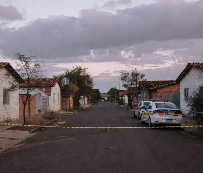 Viatura do Bope em rua de Ceilândia durante operação policial contra ameaça armada.