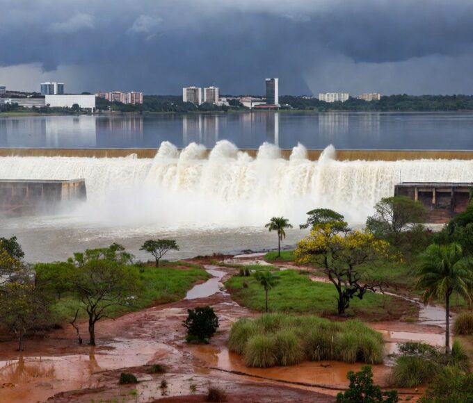 Barragem de Santa Maria transbordando no DF após seca, alertando para riscos de inundações.