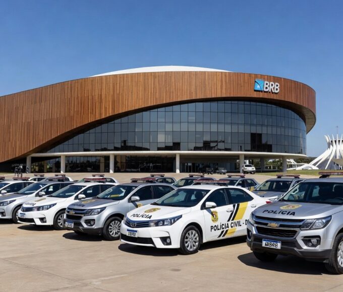 Viaturas da Polícia Civil do DF em frente ao BRB, representando desarticulação de esquema de fraudes com prejuízo de R$ 10 milhões.