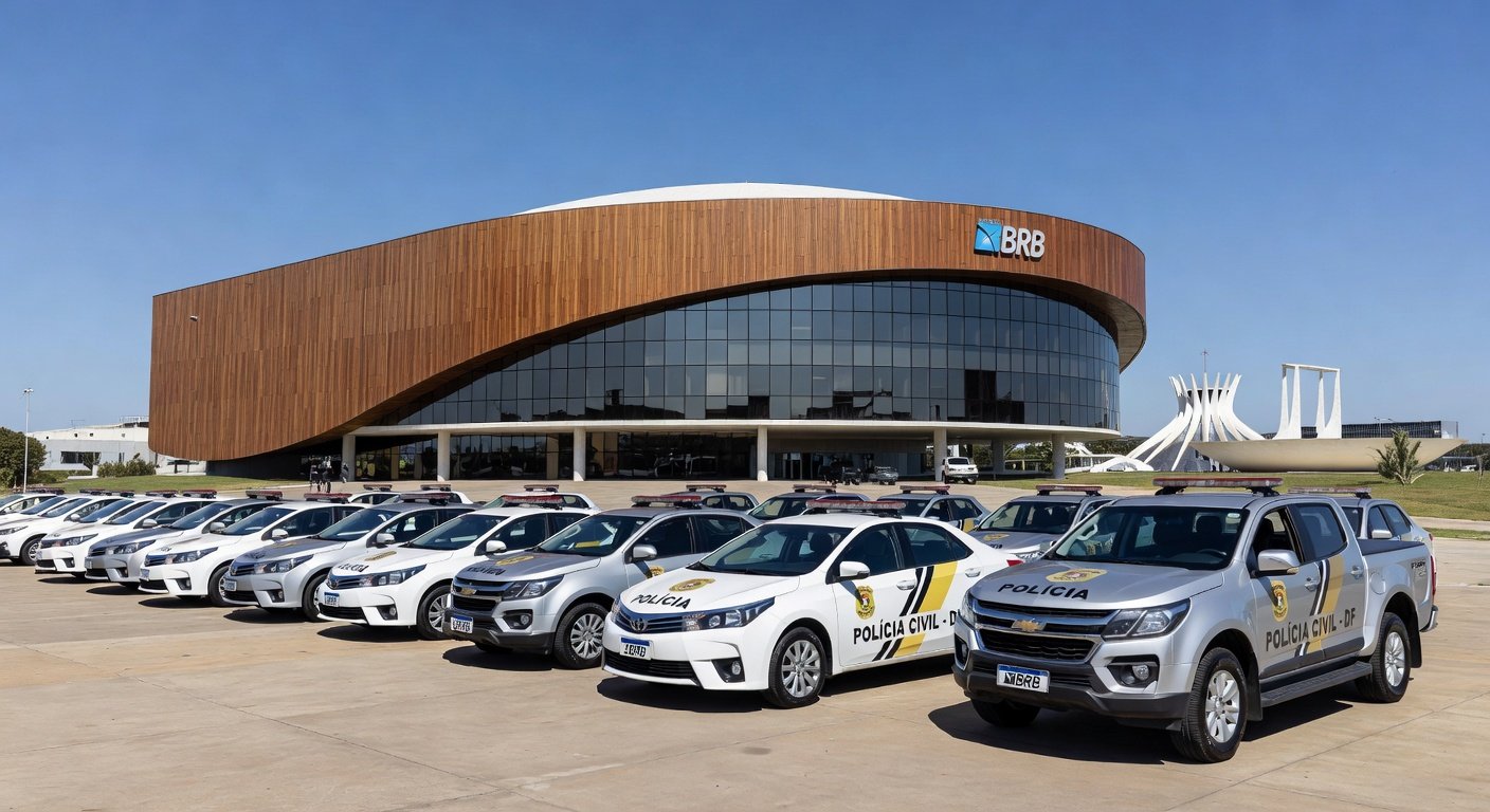 Viaturas da Polícia Civil do DF em frente ao BRB, representando desarticulação de esquema de fraudes com prejuízo de R$ 10 milhões.