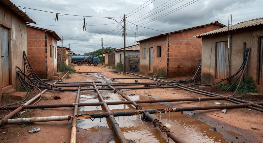 Tubulações clandestinas de água em rua de Sucupira, DF, com poças sujas, destacando riscos à saúde pública.
